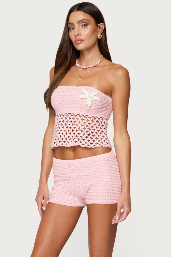 Edikted Tahna Flower Strapless Crochet Top Pink