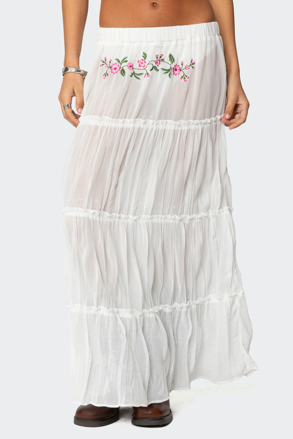 Edikted Tai Embroidered Tiered Maxi Skirt White