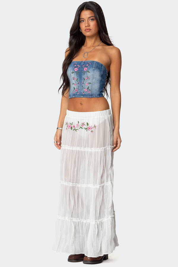 Edikted Tai Embroidered Tiered Maxi Skirt White
