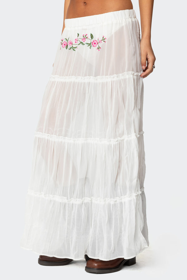 Edikted Tai Embroidered Tiered Maxi Skirt White