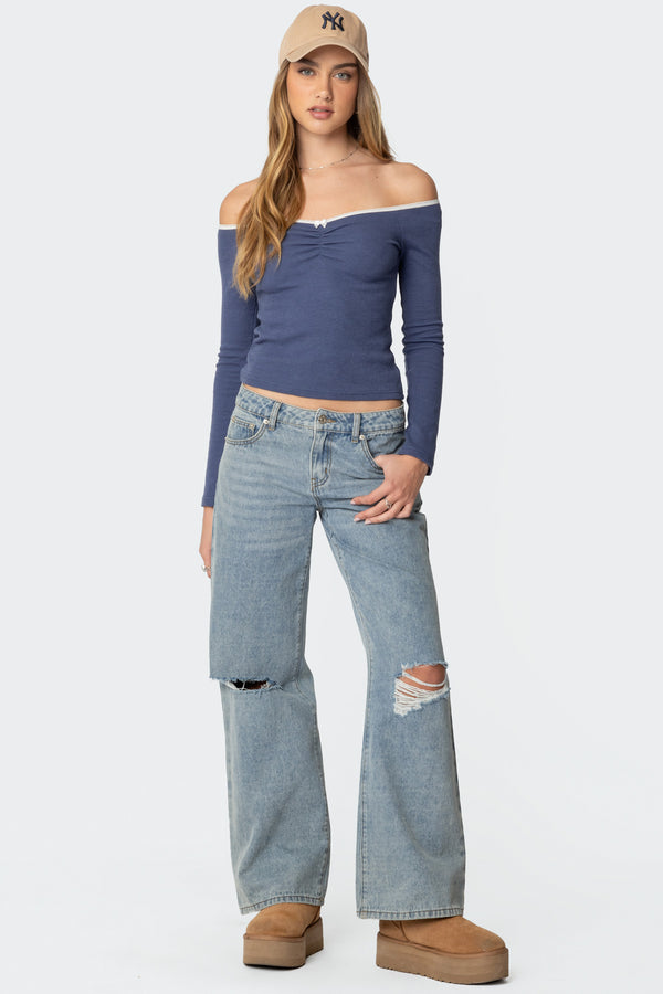 Edikted Tal Ruched Off Shoulder Top Navy