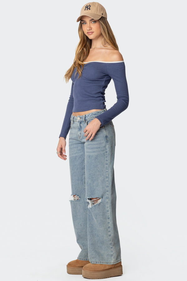 Edikted Tal Ruched Off Shoulder Top Navy