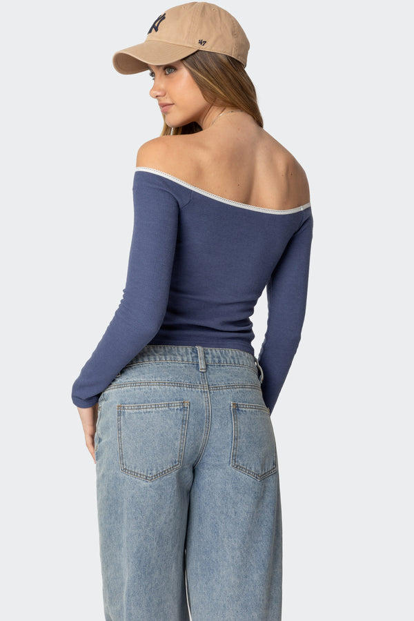 Edikted Tal Ruched Off Shoulder Top Navy