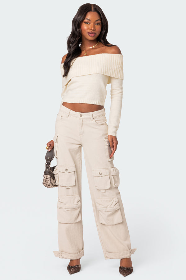 Edikted Tamara Fold Over Knit Top Cream