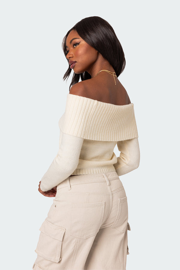 Edikted Tamara Fold Over Knit Top Cream