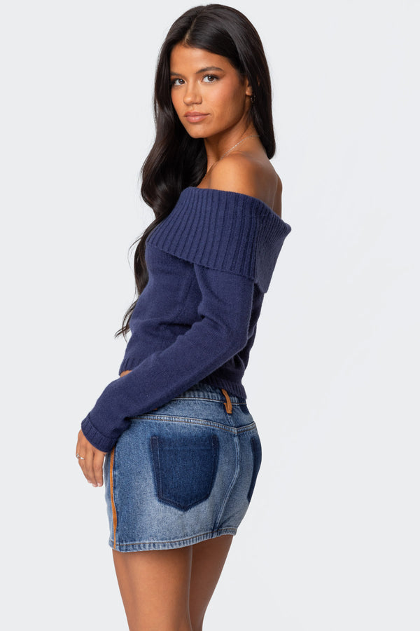 Edikted Tamara Fold Over Knit Top Navy