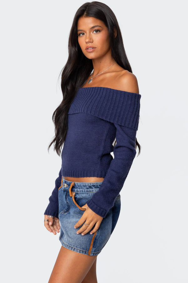 Edikted Tamara Fold Over Knit Top Navy