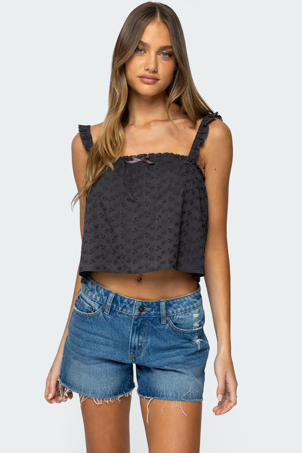 edikted Tami Eyelet Ruffle Tank Top dark gray