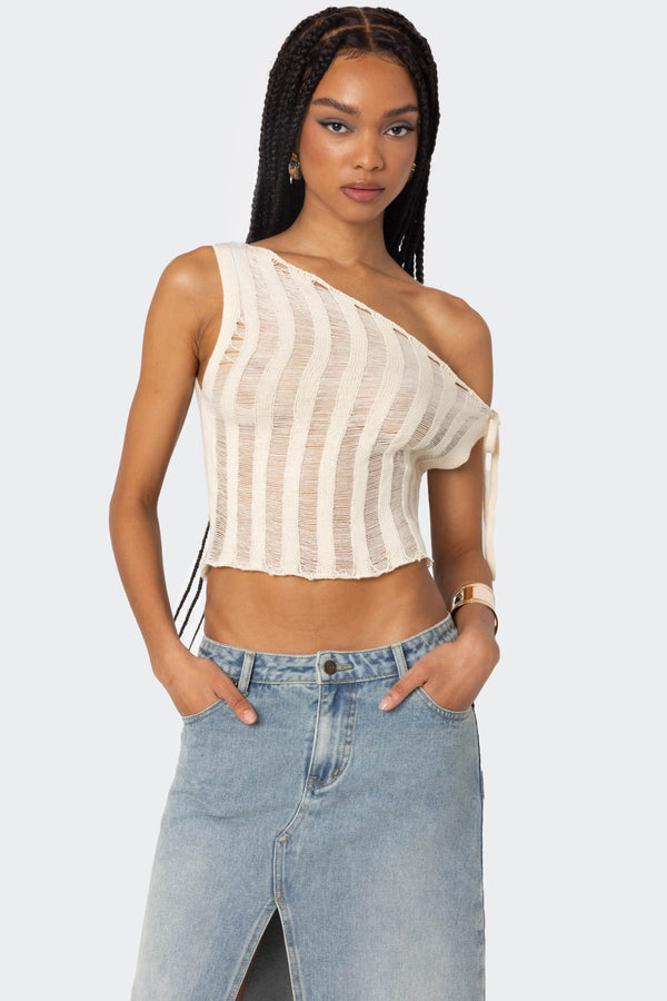 edikted Tamra Sheer Knit Asymmetric Top cream