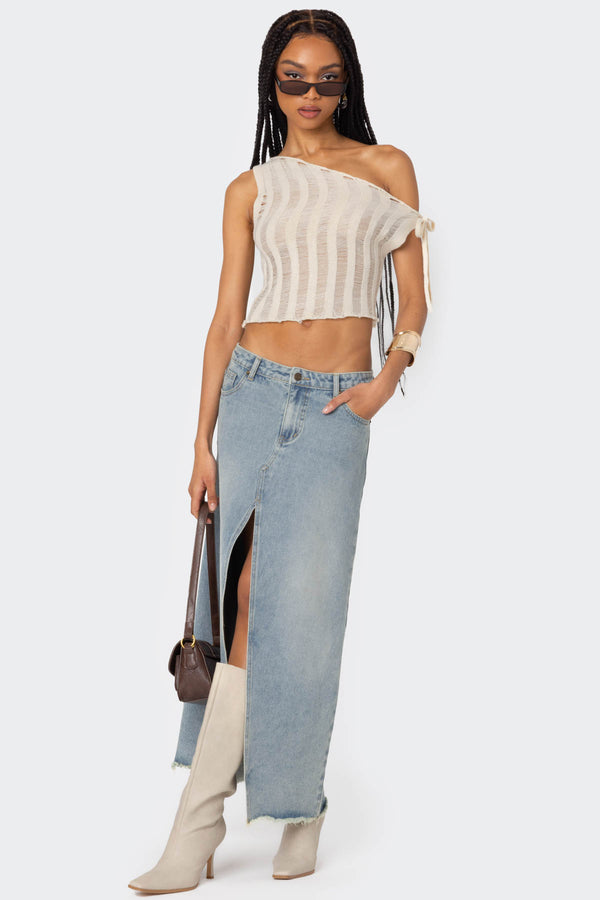 Edikted Tamra Sheer Knit Asymmetric Top Cream