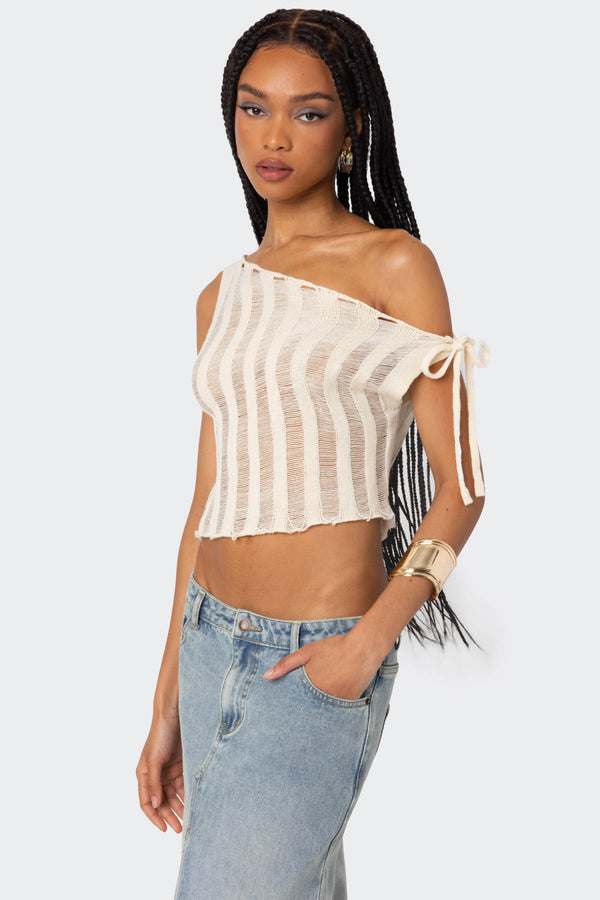 Edikted Tamra Sheer Knit Asymmetric Top Cream