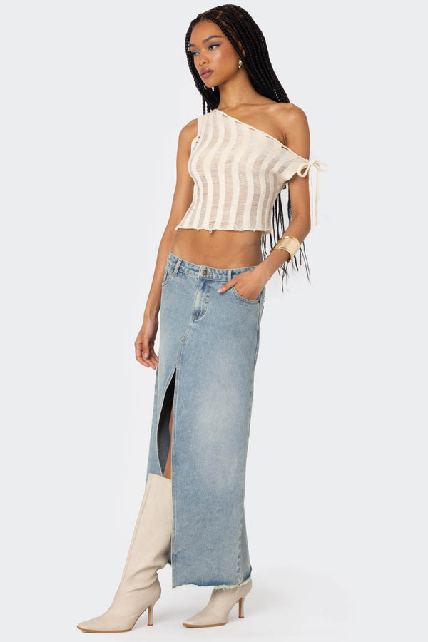 Edikted Tamra Sheer Knit Asymmetric Top Cream