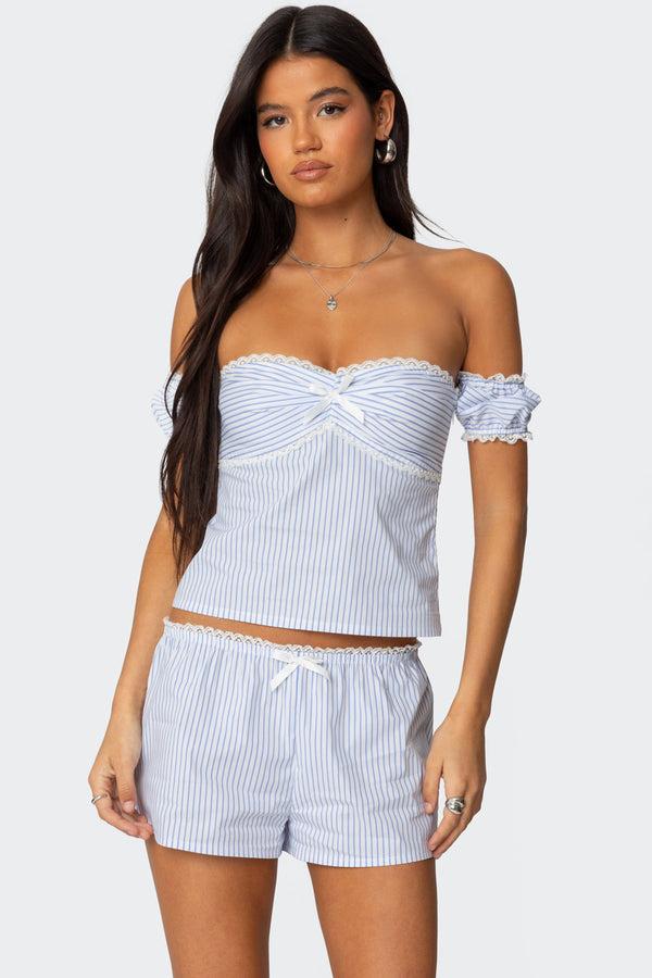 edikted Taryn Off Shoulder Striped Top light blue