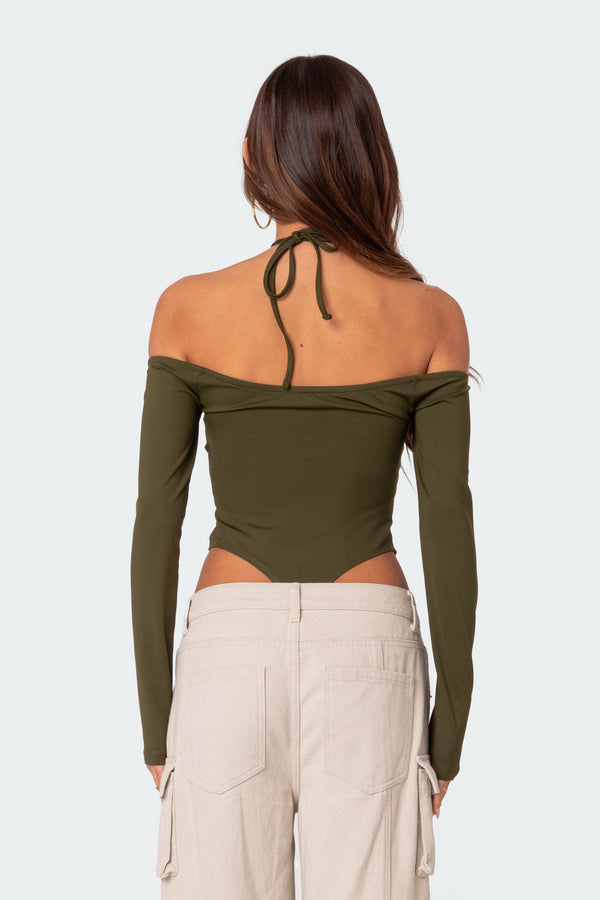 Edikted Taurus Plunge Neck Bodysuit Olive
