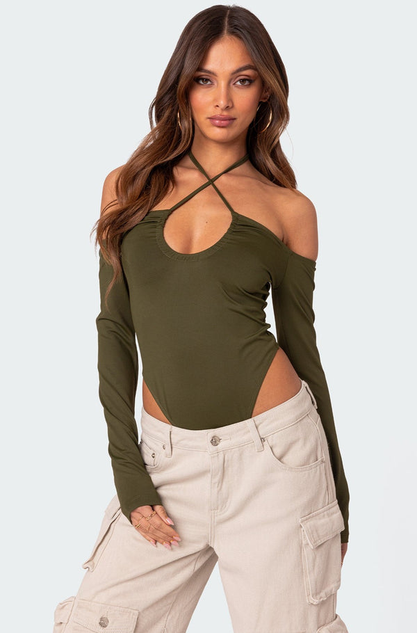 edikted Taurus Plunge Neck Bodysuit olive