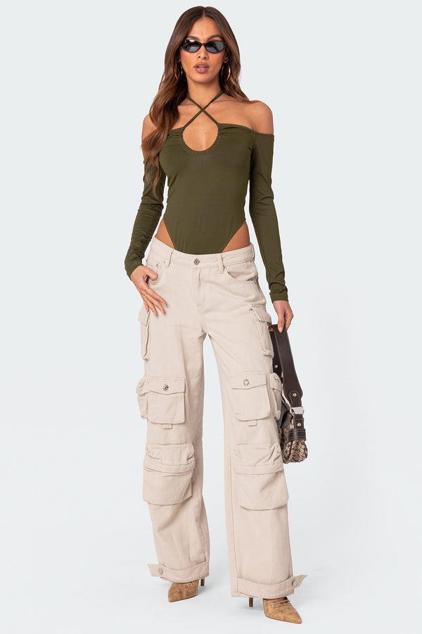 Edikted Taurus Plunge Neck Bodysuit Olive