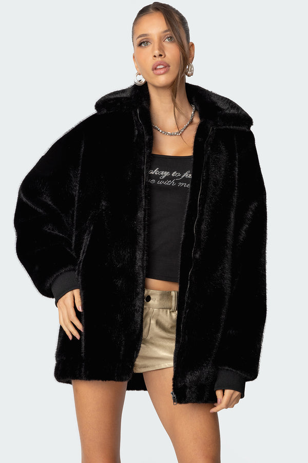edikted Taylor Oversized Faux Fur Jacket black