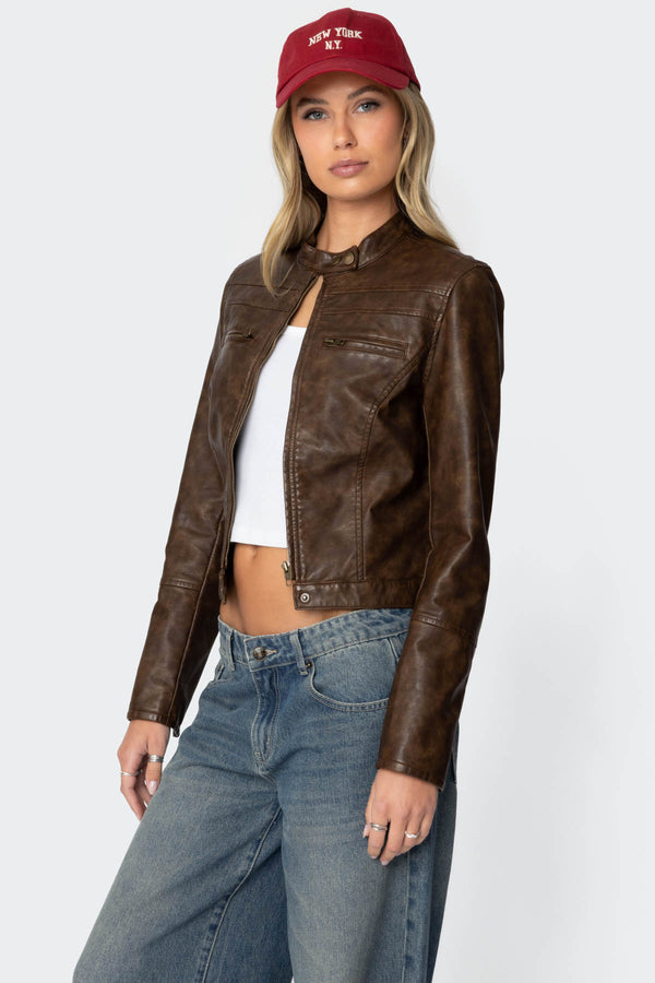 Edikted Teddi Washed Faux Leather Jacket Brown