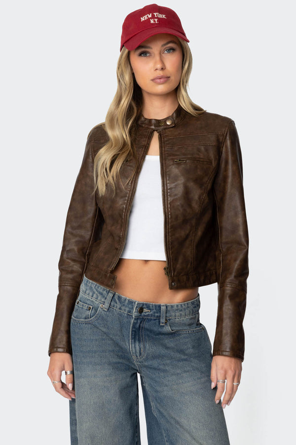 edikted Teddi Washed Faux Leather Jacket brown