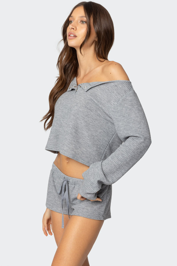Edikted Teddy Cropped Waffle Top Gray Melange