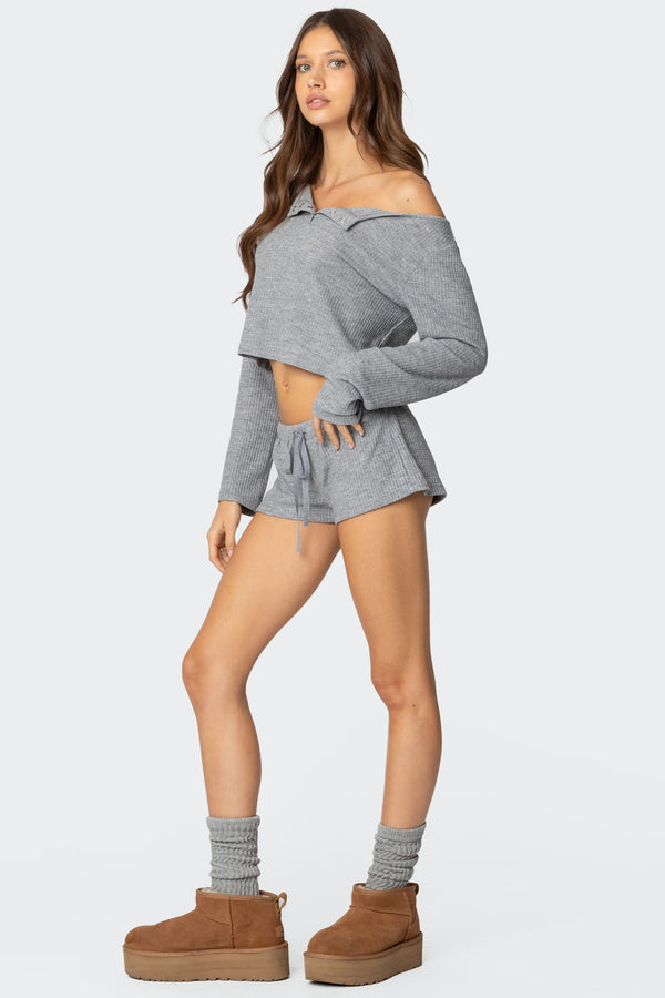 Edikted Teddy Cropped Waffle Top Gray Melange