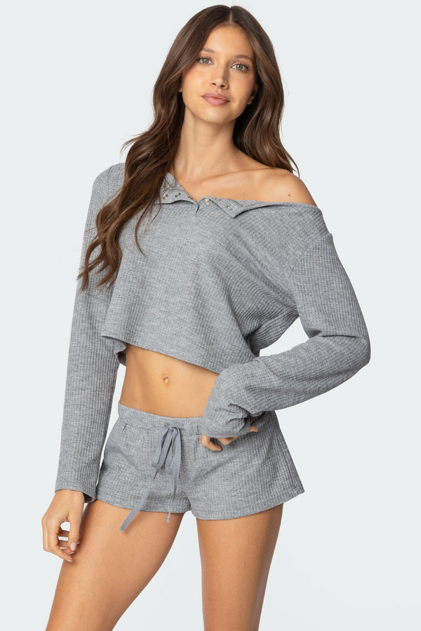 Edikted Teddy Cropped Waffle Top Gray Melange