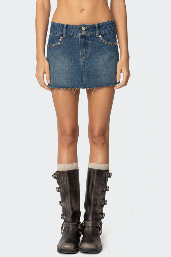 Edikted Tess Studded Denim Mini Skirt Dark Blue