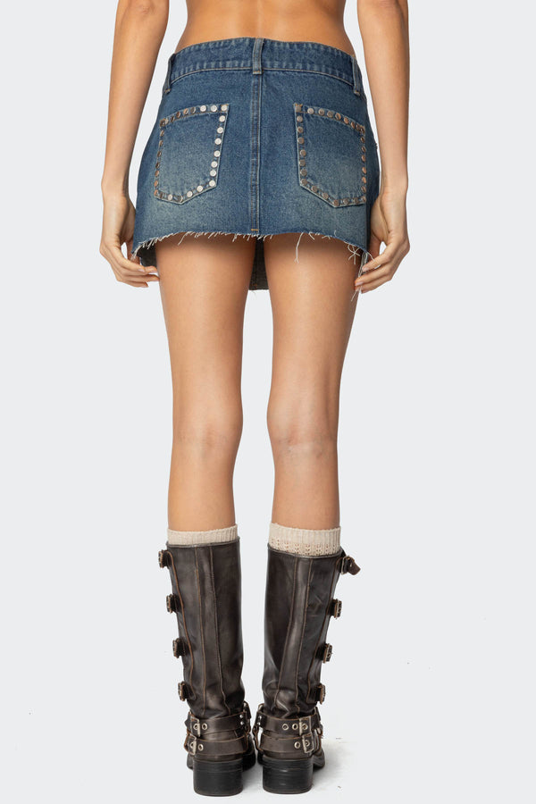 Edikted Tess Studded Denim Mini Skirt Dark Blue