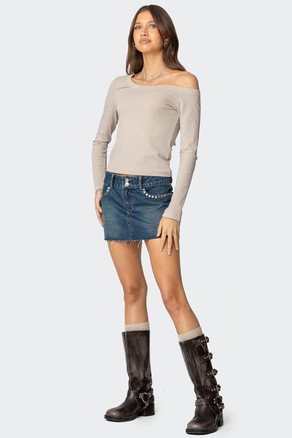 Edikted Tess Studded Denim Mini Skirt Dark Blue