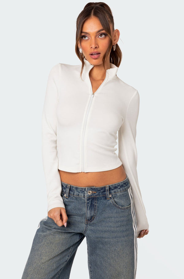 edikted Tessa High Neck Zip Up Cardigan white
