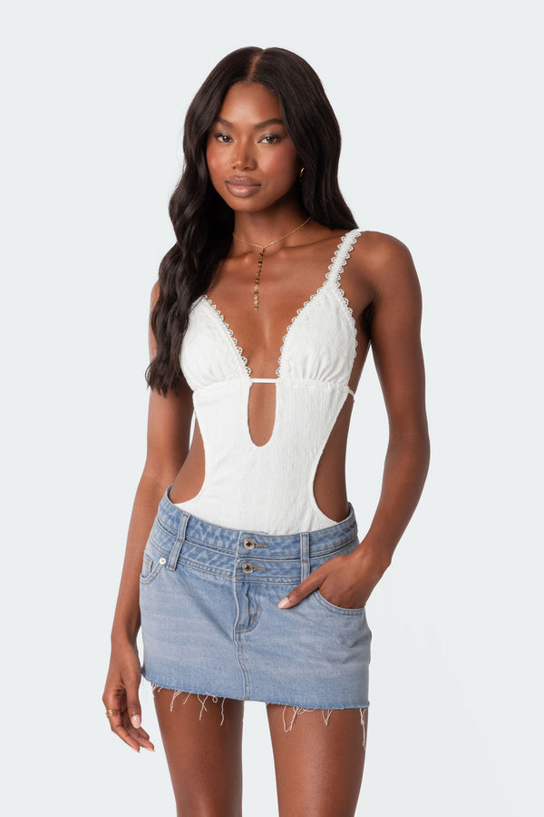 Edikted Textured Cut Out Bodysuit White