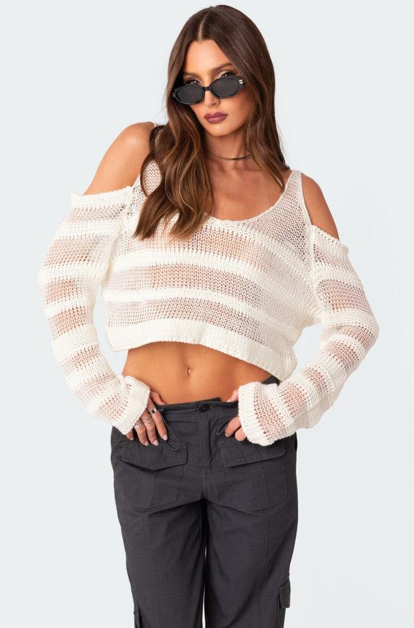 Edikted Textured Knit Open Shoulder Sweater White