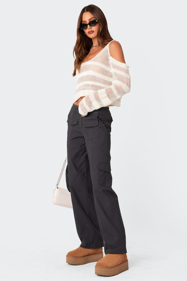 Edikted Textured Knit Open Shoulder Sweater White