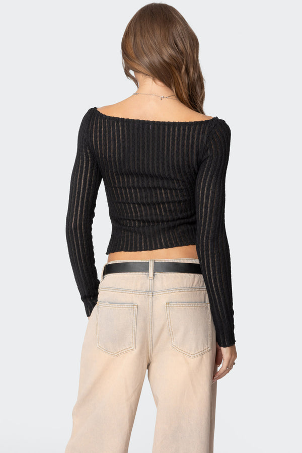 Edikted Textured Sheer Boat Neck Top Black
