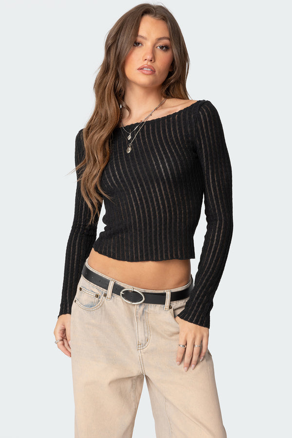 edikted Textured Sheer Boat Neck Top black