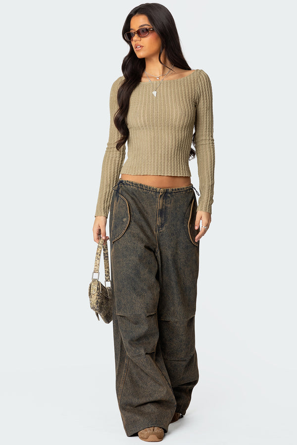 Edikted Textured Sheer Boat Neck Top Olive