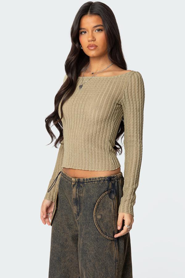 Edikted Textured Sheer Boat Neck Top Olive