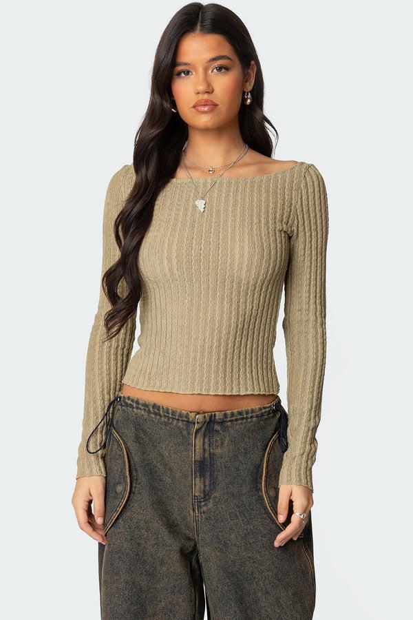 edikted Textured Sheer Boat Neck Top olive