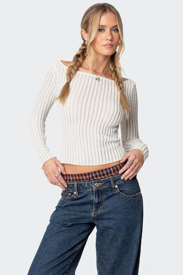 edikted Textured Sheer Boat Neck Top white