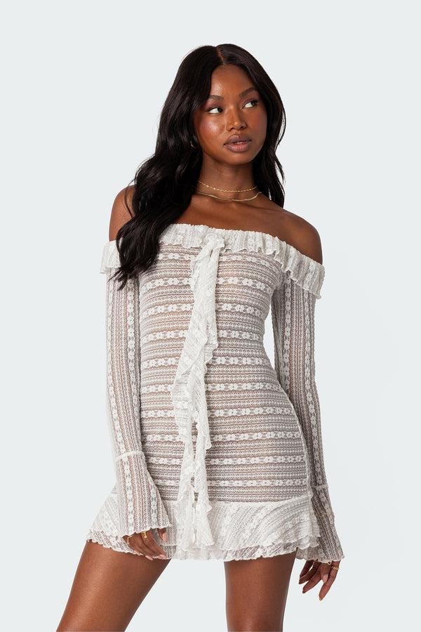 Edikted Textured Sheer Lace Mini Dress Cream