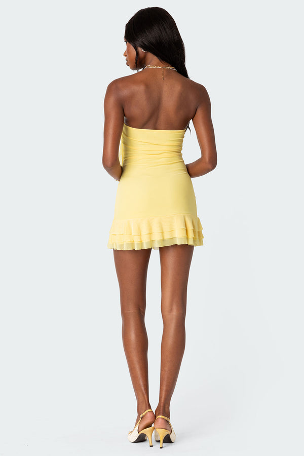 Edikted Thalia Flower Pin Ruffle Mini Dress Yellow