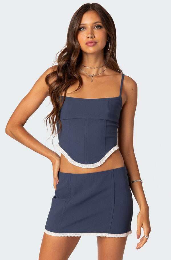 edikted Thora Woven Lace Up Corset navy