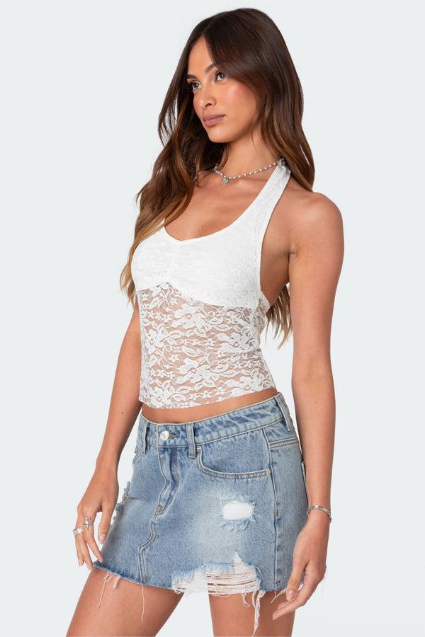 Edikted Tia Sheer Lace Halter Top White