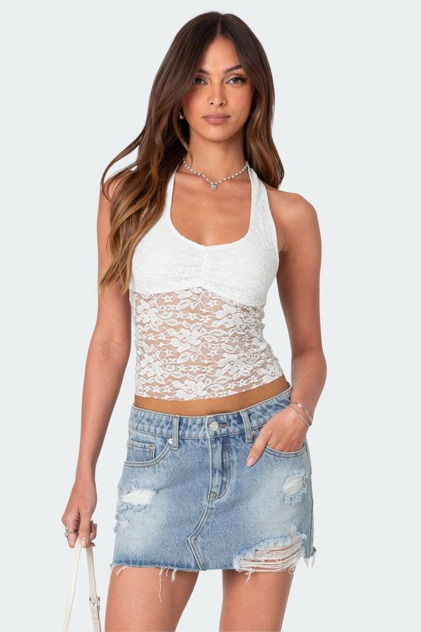 edikted Tia Sheer Lace Halter Top white