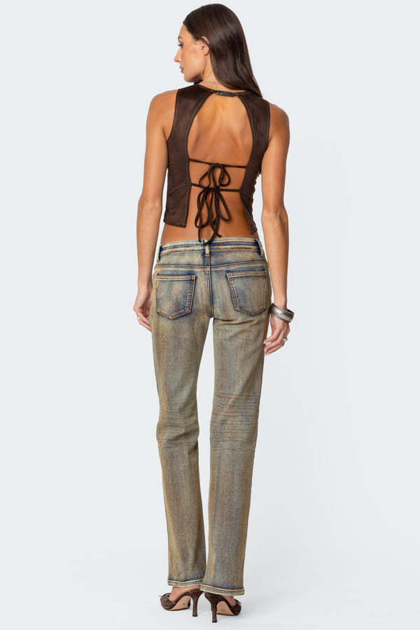 Edikted Tie Back Faux Suede Bustier Top Brown