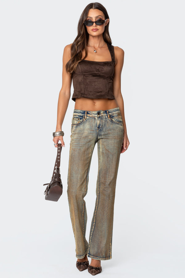 Edikted Tie Back Faux Suede Bustier Top Brown