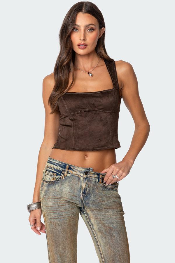 edikted Tie Back Faux Suede Bustier Top brown