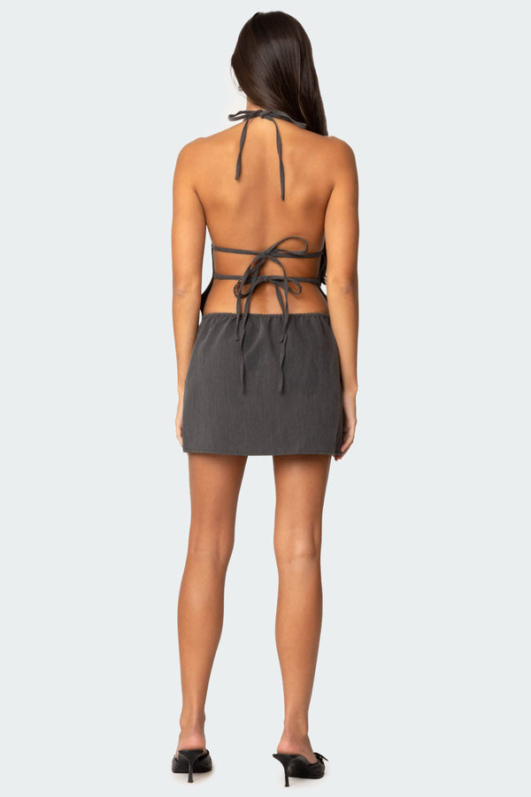 Edikted Tie Back Halter Mini Dress Dark Gray