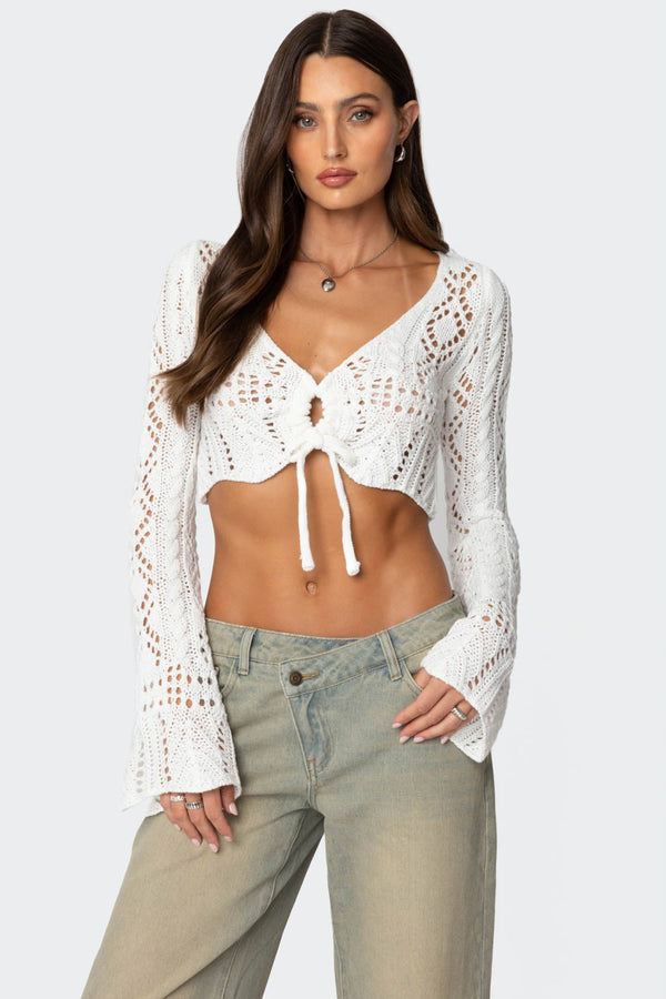 edikted Tie Front Crochet Crop Top white