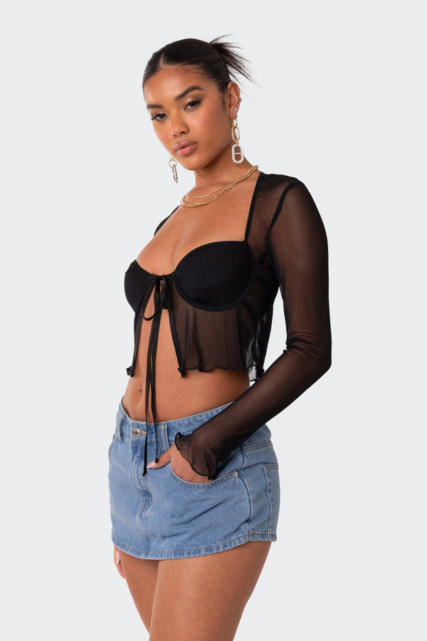 Edikted Tie Front Cupped Mesh Top Black